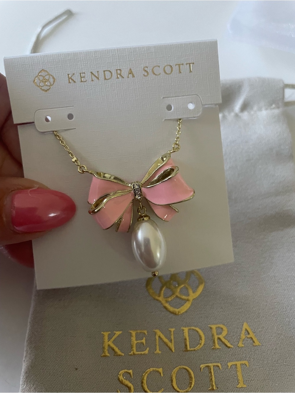 Kendra Scott Pink Enamel Bow Necklace with Pearl Drop